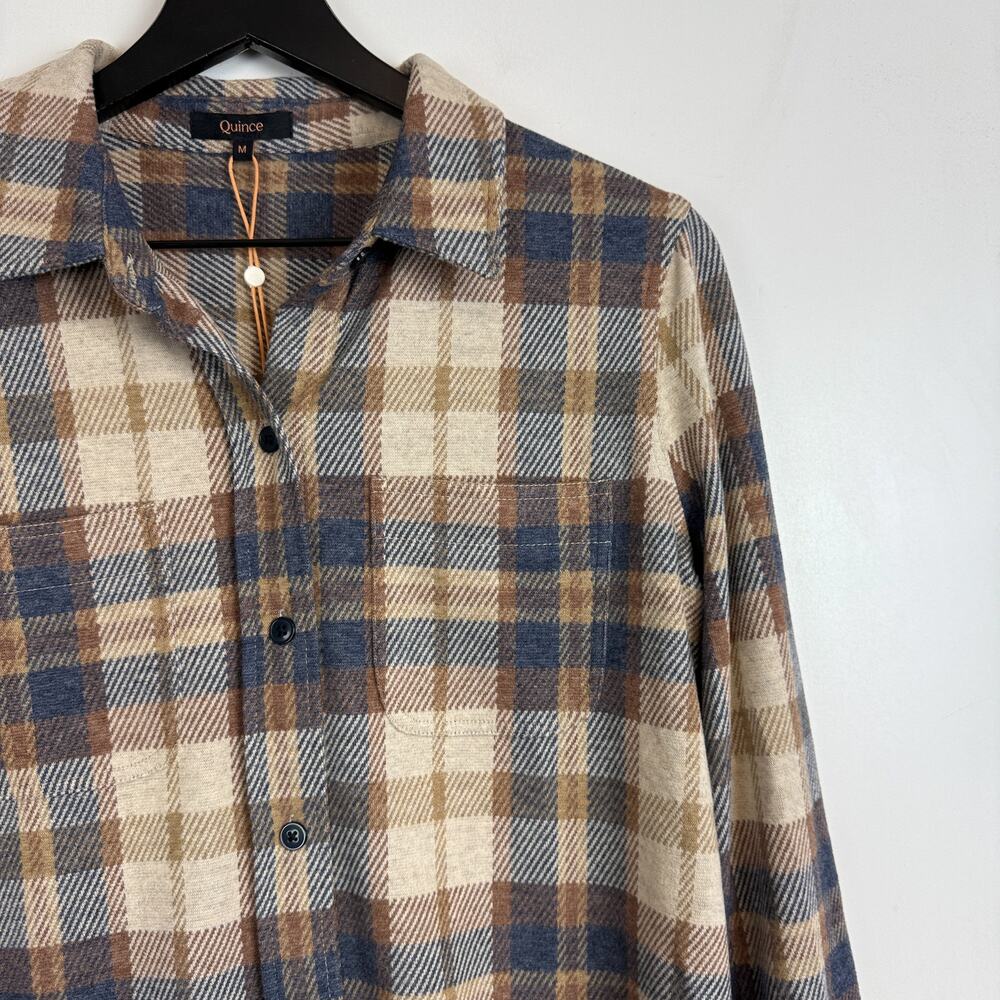 NWT Quince Womens Stretch Sweater Fleece Shirt Plaid Mocha Check - M - Picture 2 of 8